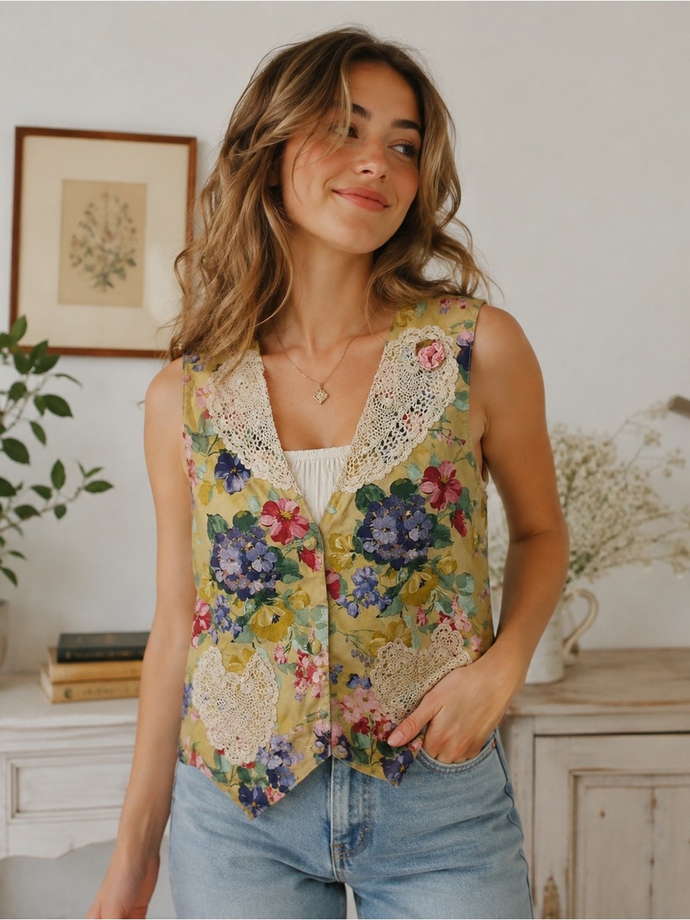 Vintage Floral Vest Lace Embellished Crochet Heart Yellow cottagecore granny